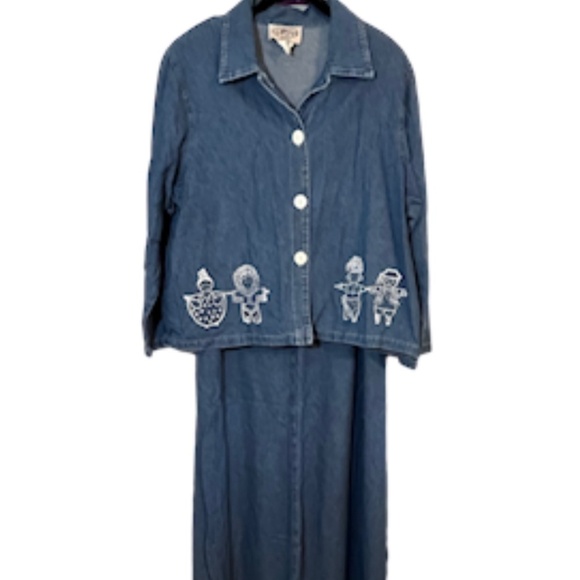 On the Rocks California Dress 14W Blue Denim Maxi Hand Painted Retro 80s Western - Picture 1 of 14